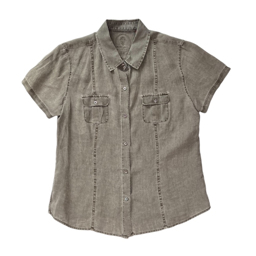 Women's Tommy Bahama Olive Khaki Short Sleeve Linen Button Down